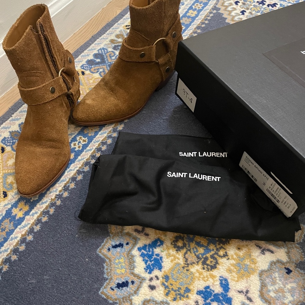 SAINT LAURENT WEST HARNESS CAMEL SUEDE LEATHER ANKLE BOOTS